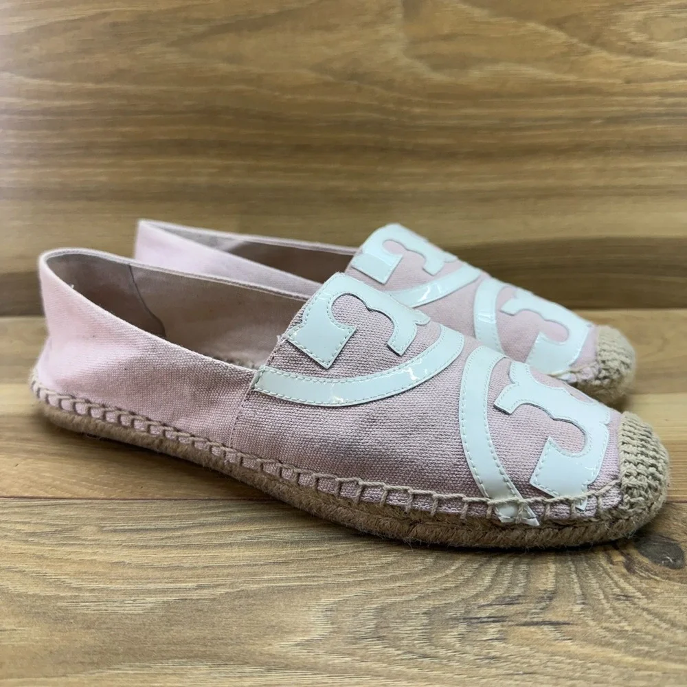 Tory Burch Espadrilles Pink White Flat 9 M Slip On Loafer Vacation Resort Summer